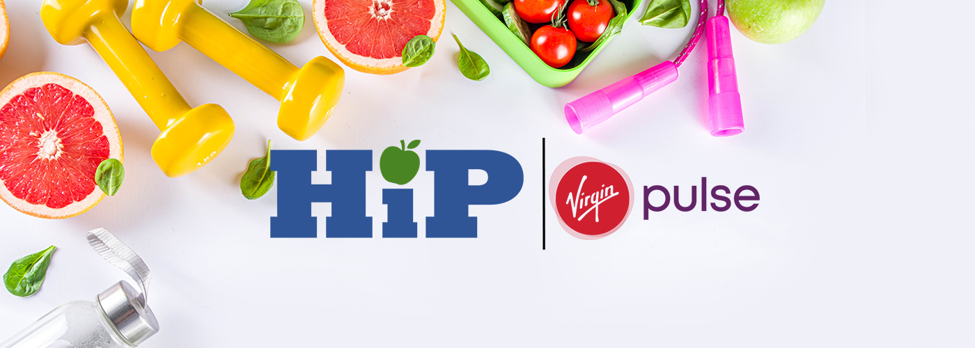 Fruits, hand weights and the logos for HIP and Virgin Pulse