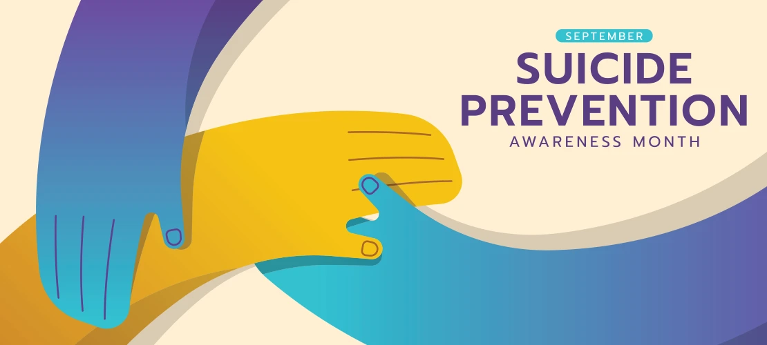 Two hands reaching toward each other in supportive gesture with colorful curved background and text 'September Suicide Prevention Awareness Month
