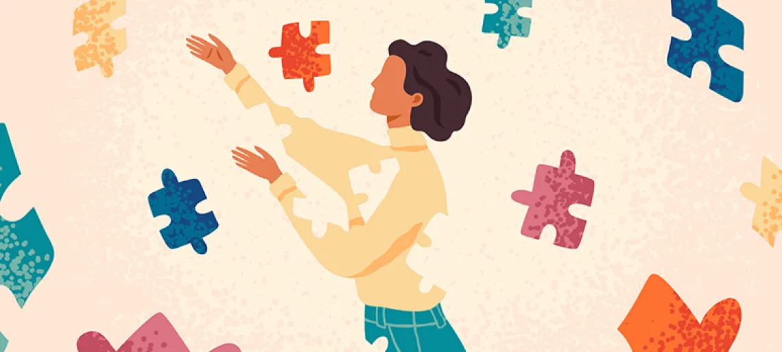 Woman cartoon character assembling herself with puzzle pieces